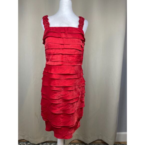 Dressbarn Red Tiered Ruffle Cocktail Dress Sz 10 Romantic Satin Look Partywear - Picture 1 of 5